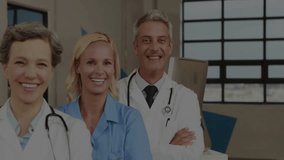On start medical team standing in clinic reception, digital graphics drifting framing team unity. Healthcare, medical professionals, digital interface, team collaboration, clinical environment, - Powered by Shutterstock - Get 15% off with code: PIKWIZARD15