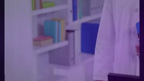 Medical doctor holding clipboard with animated bar charts floating in showcasing data in library. Healthcare, analytics, visualization, professional, research, data, education - Powered by Shutterstock - Get 15% off with code: PIKWIZARD15