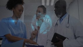 Nurse pointing at chart in hallway and activating holographic globe for medical team consensus. Medical teamwork, healthcare technology, futuristic medicine, collaborative professionals, digital - Powered by Shutterstock - Get 15% off with code: PIKWIZARD15