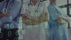 On start binary code streams drifting over static medical team, showing digital health analytics. Healthcare, technology, data, innovation, professionalism, medicine, visualization - Powered by Shutterstock - Get 15% off with code: PIKWIZARD15