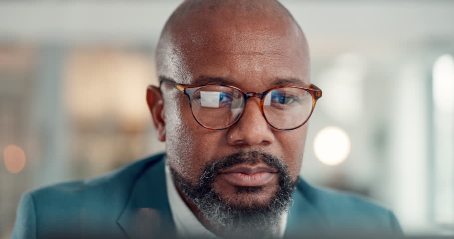 Business, glasses and black man in office, reflection and investment with profit increase. Person, accounting and employee with eyewear, online reading or clear vision with feedback for budget report