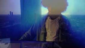 starting tech overlay pulsing skyline with glitch leak revealing man with curly hair on balcony. Urban, skyscraper, modern, futuristic, cinematic, vibrant, contemplative - Powered by Shutterstock - Get 15% off with code: PIKWIZARD15