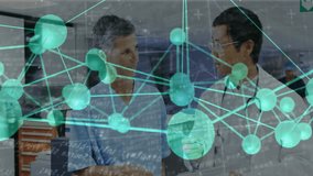 Clinicians reviewing patient chart initiating holographic network for medical data analysis. Medical, healthcare, technology, collaboration, digital, innovation, analysis - Powered by Shutterstock - Get 15% off with code: PIKWIZARD15