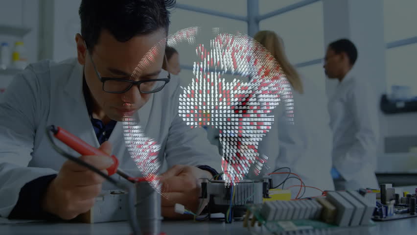 Electronics engineer picking up soldering iron fusing part as data globe rotating near colleagues. Technology, innovation, collaboration, scientific, futuristic, data visualization, research - Powered by Shutterstock - Get 15% off with code: PIKWIZARD15