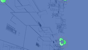 Animation of sustainable icons floating over digital workspace in office. Digitally generated, hologram, illustration, renewable, recycling, desk, computer, blueprint and green technology concept. - Powered by Shutterstock - Get 15% off with code: PIKWIZARD15