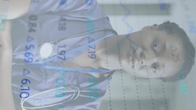 Animation of financial data processing over african american female doctor in hospital. Global medicine, business, connections, computing and data processing concept digitally generated video. - Powered by Shutterstock - Get 15% off with code: PIKWIZARD15