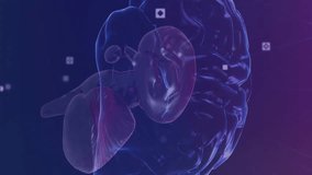 Animation of data processing and brain over network and media icons on dark background. Data, science, healthcare, digital interface, connection, research and communication, digitally generated video. - Powered by Shutterstock - Get 15% off with code: PIKWIZARD15