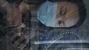 Animation of data processing over woman with face mask using smartphone. Global pandemic and digital interface concept digitally generated video. - Powered by Shutterstock - Get 15% off with code: PIKWIZARD15