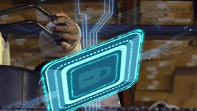 Animation of padlock icon over african american male worker using turret truck in warehouse. Global business, delivery and digital interface concept digitally generated video. - Powered by Shutterstock - Get 15% off with code: PIKWIZARD15