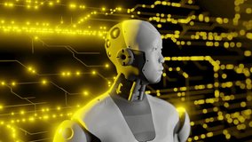 A high-resolution video of a futuristic humanoid robot with a shiny metallic body, illuminated by a glowing yellow digital backdrop. Represents artificial intelligence, robotics, and technology. - Powered by Shutterstock - Get 15% off with code: PIKWIZARD15