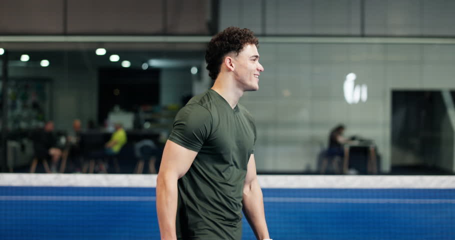 Sport, face and men with hug on tennis court for padel tournament, welcome or sportsmanship. Fitness, people or happy with greeting at health club for friendly match, introduction or training support