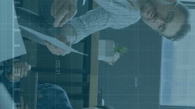 Animation of falling graph and changing numbers over diverse coworkers sharing ideas in office. Digital composite, multiple exposure, report, business, growth, loss, planning and teamwork concept. - Powered by Shutterstock - Get 15% off with code: PIKWIZARD15