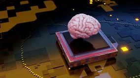 A futuristic 3D concept showing a human brain integrated with a microchip surrounded by glowing yellow circuits. Symbolizes artificial intelligence, brain-machine interfaces, and  computing technology - Powered by Shutterstock - Get 15% off with code: PIKWIZARD15
