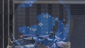 Animation of globe, financial data and graphs over african american albino man with bike. Global business, city life, finance and economy concept digitally generated video. - Powered by Shutterstock - Get 15% off with code: PIKWIZARD15