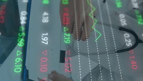 Animation of data processing and statistics over male doctor with stethoscope. medicine, digital interface and data processing concept digitally generated video. - Powered by Shutterstock - Get 15% off with code: PIKWIZARD15