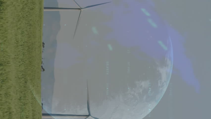 Animation of financial data processing over globe and wind turbines. Global environment, wind energy, business, finance, computing and data processing concept digitally generated video. - Powered by Shutterstock - Get 15% off with code: PIKWIZARD15