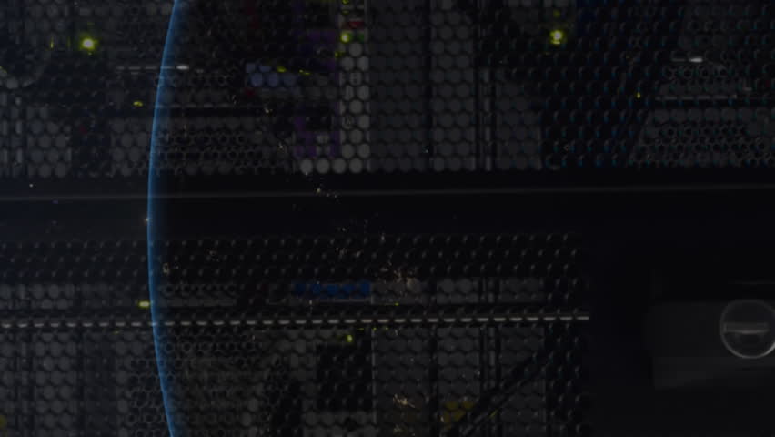 Animation of globe over illuminated data server system in server room. Digital composite, multiple exposure, globalization, data center, networking, technology and network server concept. - Powered by Shutterstock - Get 15% off with code: PIKWIZARD15