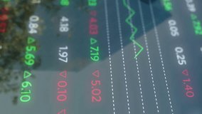 Animation of financial data processing over cityscape. Global finance, business, connections, computing and data processing concept digitally generated video. - Powered by Shutterstock - Get 15% off with code: PIKWIZARD15