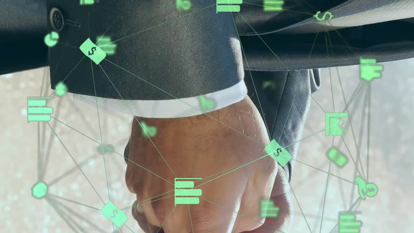 Animation of business and data network over hands of businessman using smartphone outdoors. Connection, data, business, digital interface and global communication, digitally generated video. - Powered by Shutterstock - Get 15% off with code: PIKWIZARD15