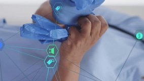Medical professional wearing gloves with network of healthcare icons animation. technology, innovation, virtual, digital, futuristic, data - Powered by Shutterstock - Get 15% off with code: PIKWIZARD15