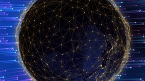 Geometric sphere with interconnected lines animation over vibrant blue and purple light streaks. Abstract, technology, digital, futuristic, network, connections - Powered by Shutterstock - Get 15% off with code: PIKWIZARD15