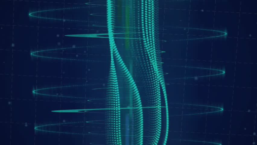 Sound wave and frequency bars animation over dark blue background. Music, audio, soundwave, digital, technology, abstract