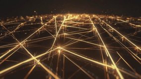 a complex and dynamic network of crisscrossing golden lines of light in a dark space. Bright dots are scattered throughout the network, resembling nodes or connections, while tiny luminous particles - Powered by Shutterstock - Get 15% off with code: PIKWIZARD15