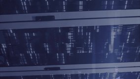 Animation of computer language and connected arrow over data server systems in server room. Digital composite, communication, coding, programming language, data center, networking and technology. - Powered by Shutterstock - Get 15% off with code: PIKWIZARD15