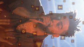 Animation of icons floating over diverse male singer and musician on concert. music, entertainment, fun and connections concept digitally generated video. - Powered by Shutterstock - Get 15% off with code: PIKWIZARD15