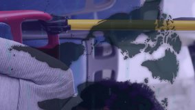 Animation of data processing over african american woman wearing face mask and sitting in bus. Global pandemic, communication and digital interface concept digitally generated video. - Powered by Shutterstock - Get 15% off with code: PIKWIZARD15