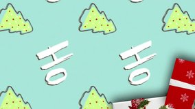 Animation of fir tree branches and gifts over ho text. christmas, tradition and celebration concept digitally generated video. - Powered by Shutterstock - Get 15% off with code: PIKWIZARD15