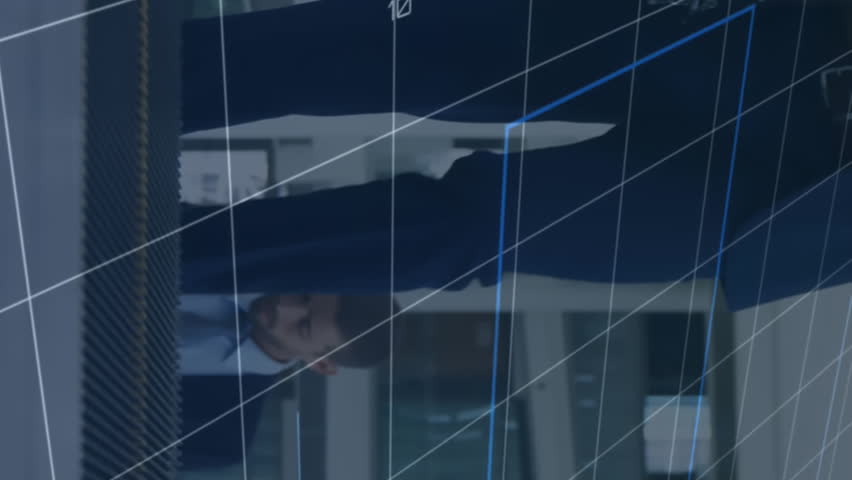 Animation of graphs, numbers and loading circles over caucasian businessman moving up on escalator. Digital composite, multiple exposure, report, progress, suitcase, business travel, technology. - Powered by Shutterstock - Get 15% off with code: PIKWIZARD15