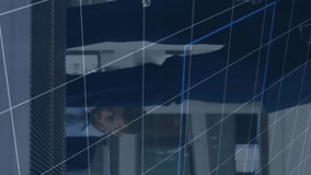 Animation of graphs, numbers and loading circles over caucasian businessman moving up on escalator. Digital composite, multiple exposure, report, progress, suitcase, business travel, technology. - Powered by Shutterstock - Get 15% off with code: PIKWIZARD15