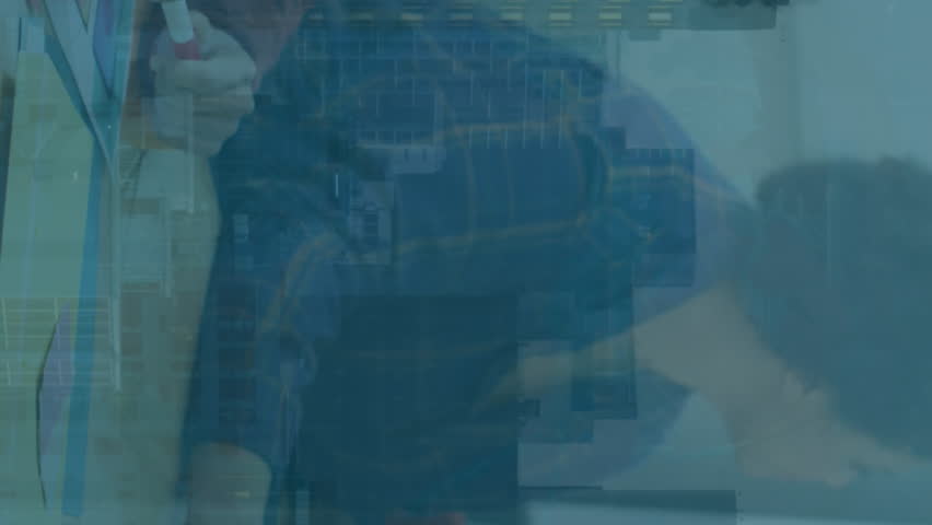 Animation of stock market data processing over team of diverse colleagues in meeting room at office. Global economy and business technology concept - Powered by Shutterstock - Get 15% off with code: PIKWIZARD15