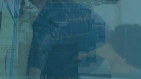 Animation of stock market data processing over team of diverse colleagues in meeting room at office. Global economy and business technology concept - Powered by Shutterstock - Get 15% off with code: PIKWIZARD15