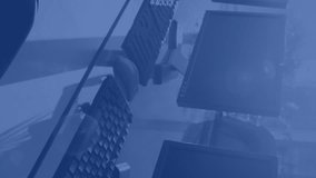 World map, charts and data processing over computers on desks in empty office. Business, global communication, data and digital interface technology, digitally generated video. - Powered by Shutterstock - Get 15% off with code: PIKWIZARD15