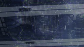 Animation of icons connected with lines over falling abstract patterns against server racks. Digital composite, multiple exposure, data center, networking, technology and network server concept. - Powered by Shutterstock - Get 15% off with code: PIKWIZARD15