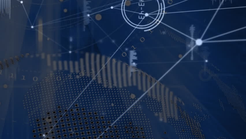Animation of network of connections and data processing over spinning globe against blue background. Global networking and business technology concept - Powered by Shutterstock - Get 15% off with code: PIKWIZARD15