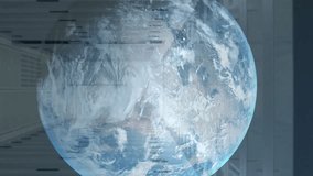 Animation of sustainable icons in circles and rotating globe over server room. Digital composite, multiple exposure, globalization, networking, technology, network server, renewable energy. - Powered by Shutterstock - Get 15% off with code: PIKWIZARD15