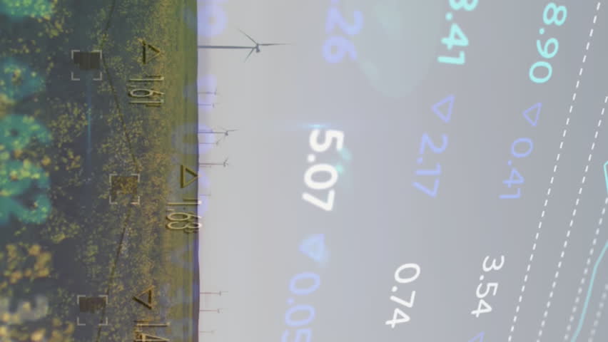Animation of trading board over time lapse of rotating windmills on green field against sun in sky. Digital composite, multiple exposure, business, stock market, green and sustainable energy concept. - Powered by Shutterstock - Get 15% off with code: PIKWIZARD15