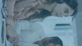 Animation of trading board over caucasian female customer representative talking with customer. Digital composite, multiple exposure, business, stock market, call center and technology concept. - Powered by Shutterstock - Get 15% off with code: PIKWIZARD15