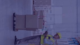 Animation of media icons over caucasian male worker in warehouse. Global business and digital interface concept digitally generated video. - Powered by Shutterstock - Get 15% off with code: PIKWIZARD15