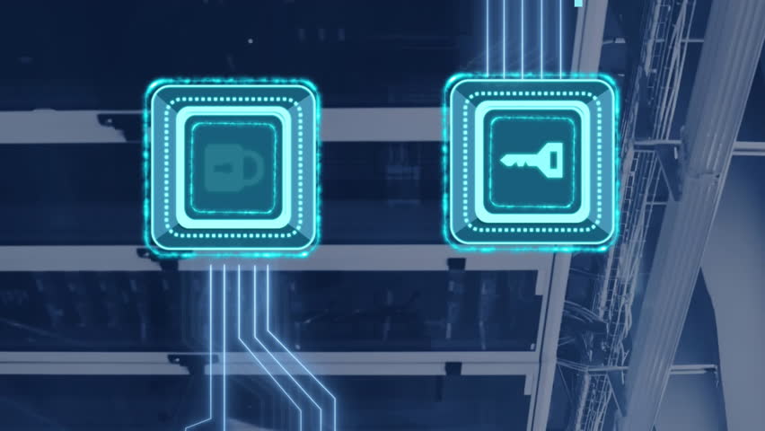 Animation of digital data processing, padlock and key icons, circuit board and computer servers. Global cyber security, connections, computing and data processing concept digitally generated video. - Powered by Shutterstock - Get 15% off with code: PIKWIZARD15