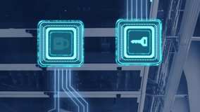 Animation of digital data processing, padlock and key icons, circuit board and computer servers. Global cyber security, connections, computing and data processing concept digitally generated video. - Powered by Shutterstock - Get 15% off with code: PIKWIZARD15