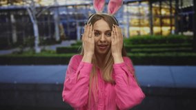 Woman with rabbit ears in pink shirt showing surprise on city street during easter celebration outside urban building vibrant evening - Powered by Shutterstock - Get 15% off with code: PIKWIZARD15
