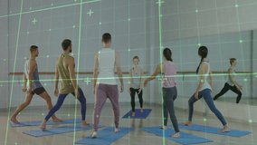 Instructor lifting arms forward while green grid mapping participants holding high lunge in fitness. Wellness, balance, flexibility, fitness, harmony, motivation, mindfulness - Powered by Shutterstock - Get 15% off with code: PIKWIZARD15