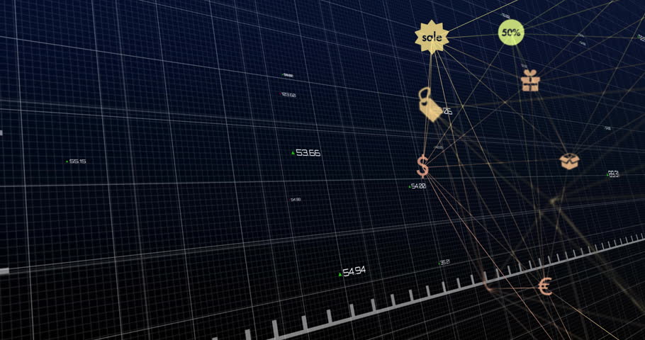 Neon-green trend line entering, dipping, turning sale icon to cart, raising euro, visualizing trend. Financial, analytics, digital, technology, data, futuristic, investment