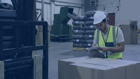 Warehouse worker writing beside shipping box starting holo UI scanning seam for cargo check. Industrial, technology, logistics, inventory, inspection, futuristic, supply chain - Powered by Shutterstock - Get 15% off with code: PIKWIZARD15