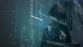 Mid adult man in tech control room reading holographic data and grabbing handset after code scroll. Futuristic, analytics, innovation, digital, immersive, communication, data visualization - Powered by Shutterstock - Get 15% off with code: PIKWIZARD15