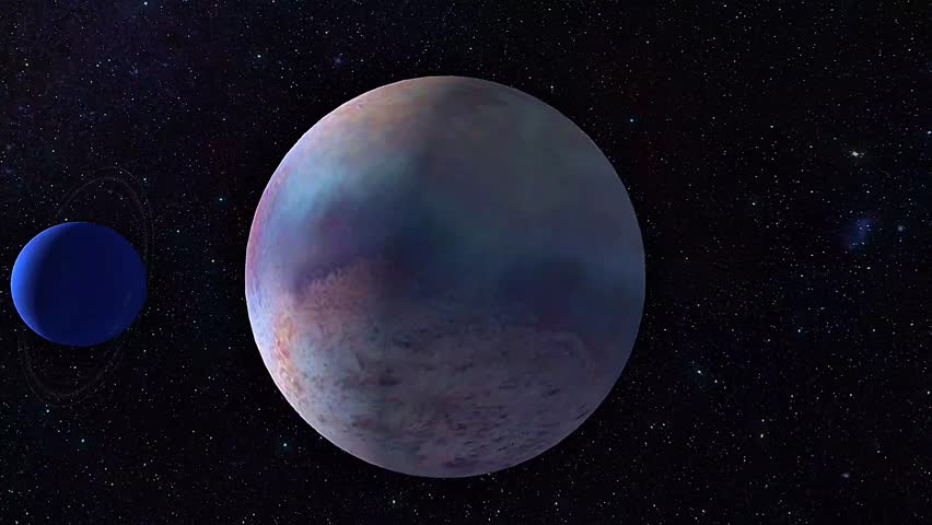 3D view of Triton, Neptune’s largest moon, showcasing its icy surface and retrograde orbit.